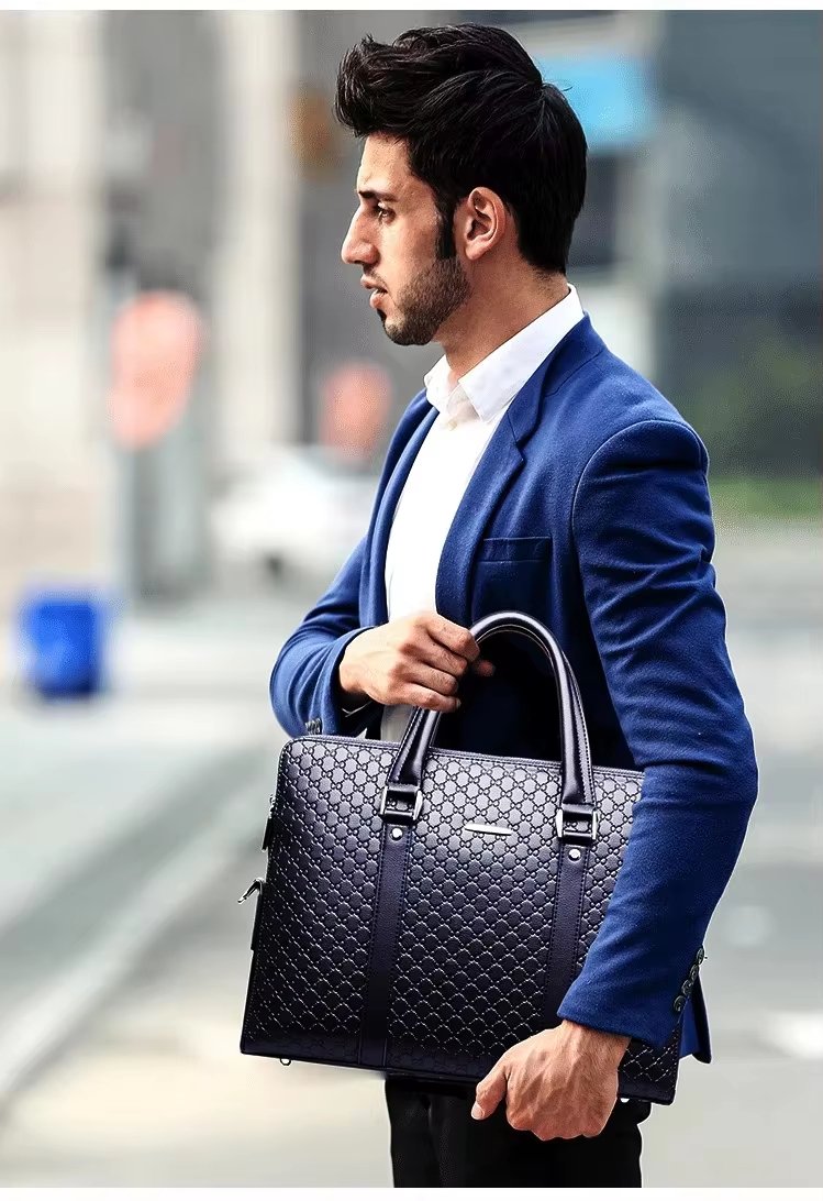 New Designer Unisex PU Leather Laptop Tote Shoulder Briefcase Bag Waterproof Business With Plaid For Men - product detail
