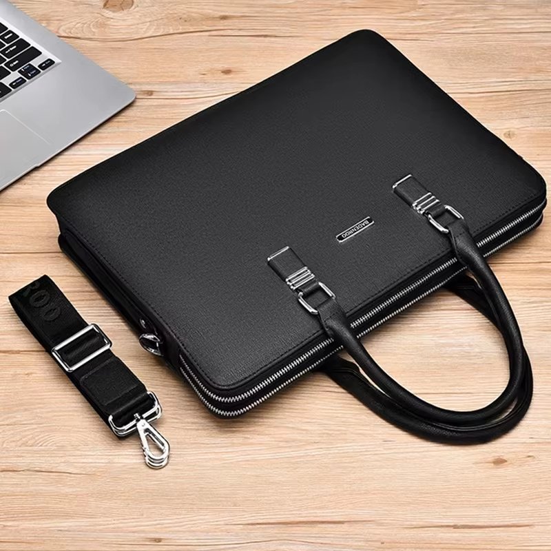 Unisex PU Leather Laptop Bag Large Capacity Double Zipper Style Business Messenger Briefcase - product detail