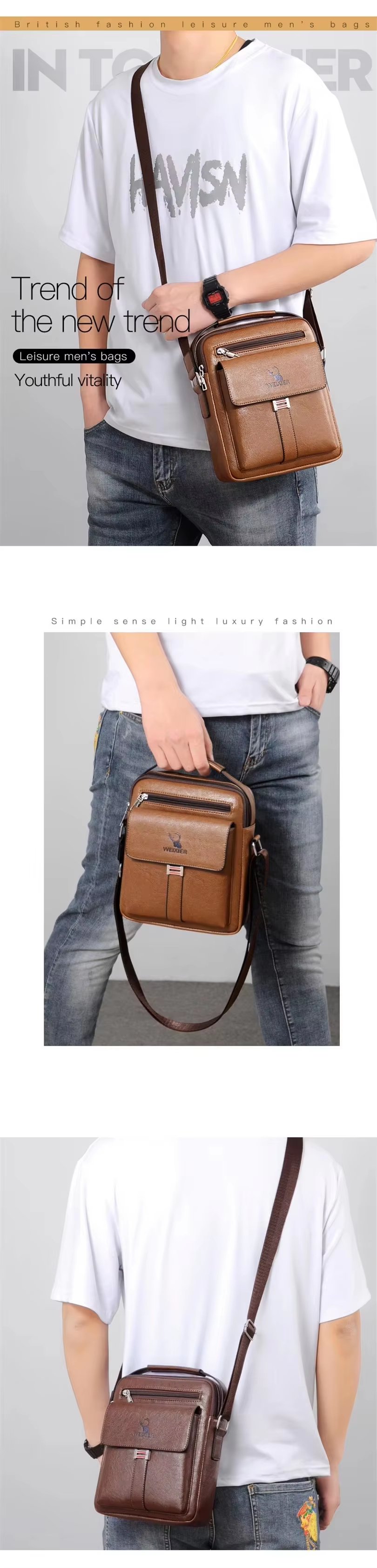 Classic Design Good Quality Men Shoulder Bags Messenger Crossbody Custom PU Leather Business Travel Sling Bag - product detail