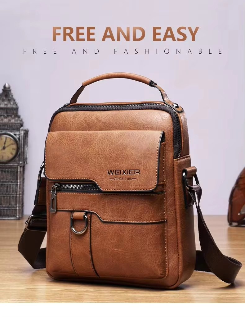 Crossbody Bag Retro Leather Vertical Portable Business Waterproof Zipper Messenger Shoulder For Men - product detail