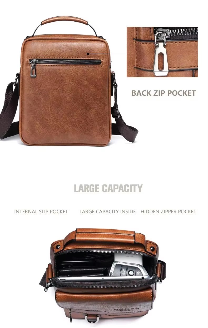 Crossbody Bag Retro Leather Vertical Portable Business Waterproof Zipper Messenger Shoulder For Men - product detail