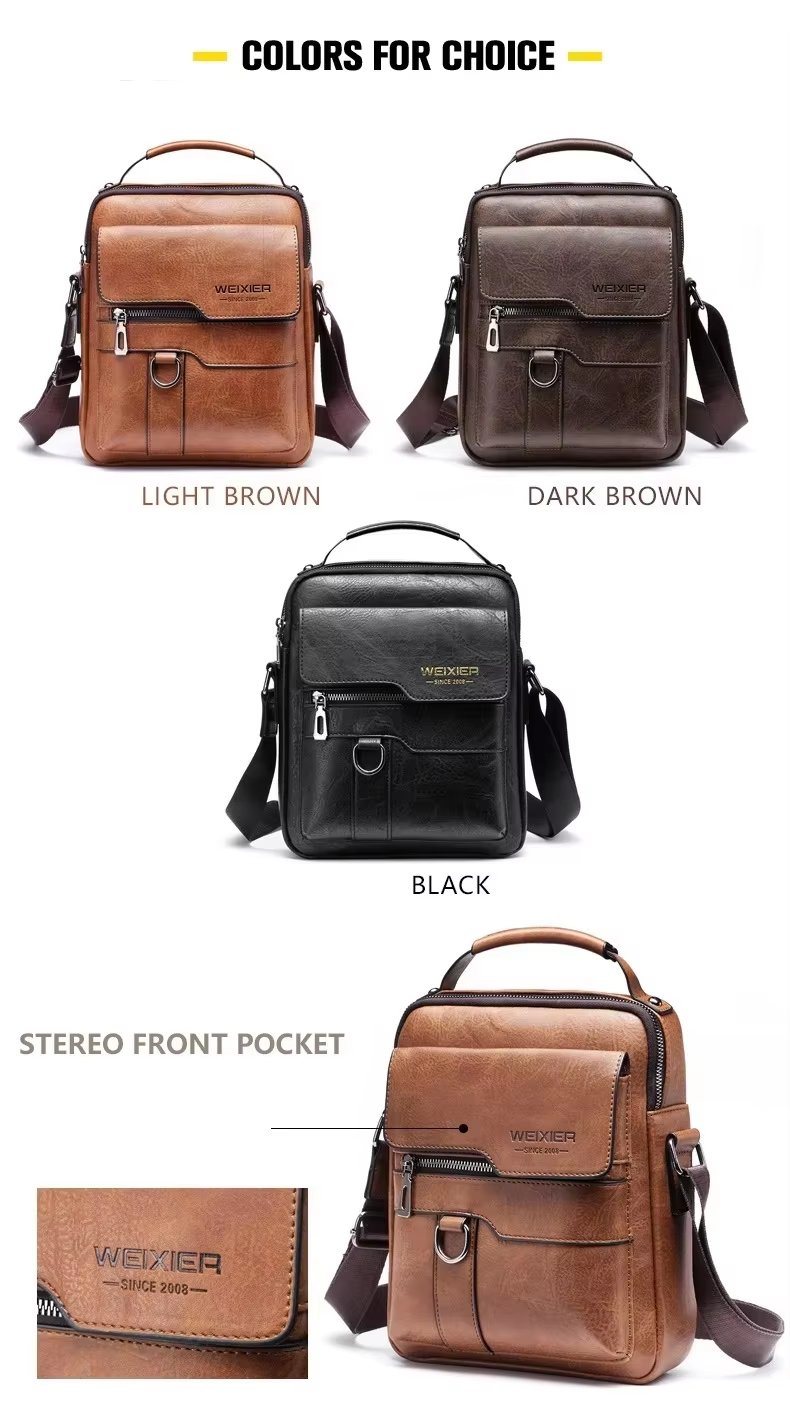 Crossbody Bag Retro Leather Vertical Portable Business Waterproof Zipper Messenger Shoulder For Men - product detail