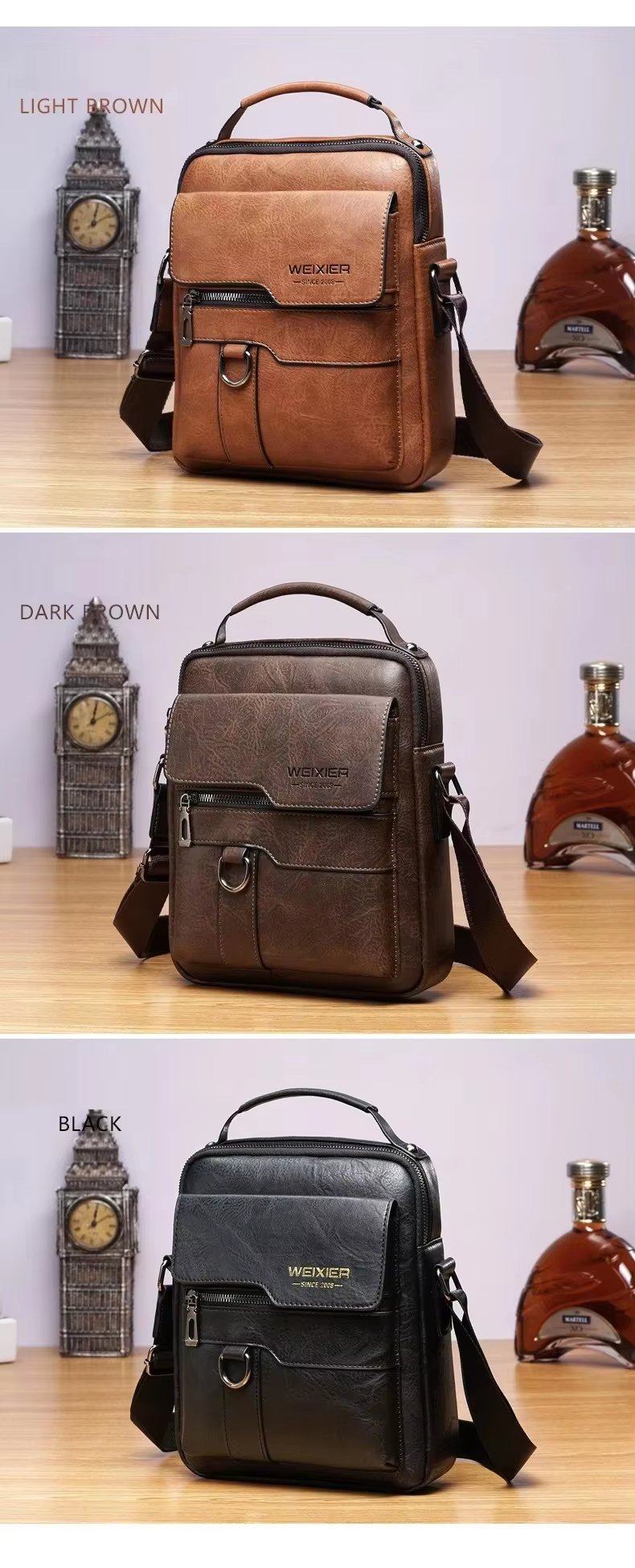 Crossbody Bag Retro Leather Vertical Portable Business Waterproof Zipper Messenger Shoulder For Men - product detail