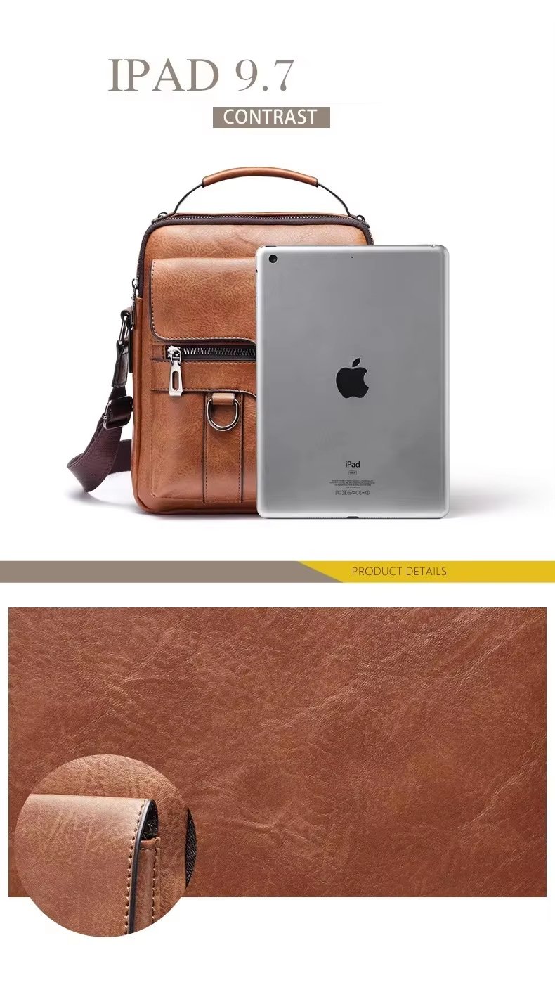 Crossbody Bag Retro Leather Vertical Portable Business Waterproof Zipper Messenger Shoulder For Men - product detail