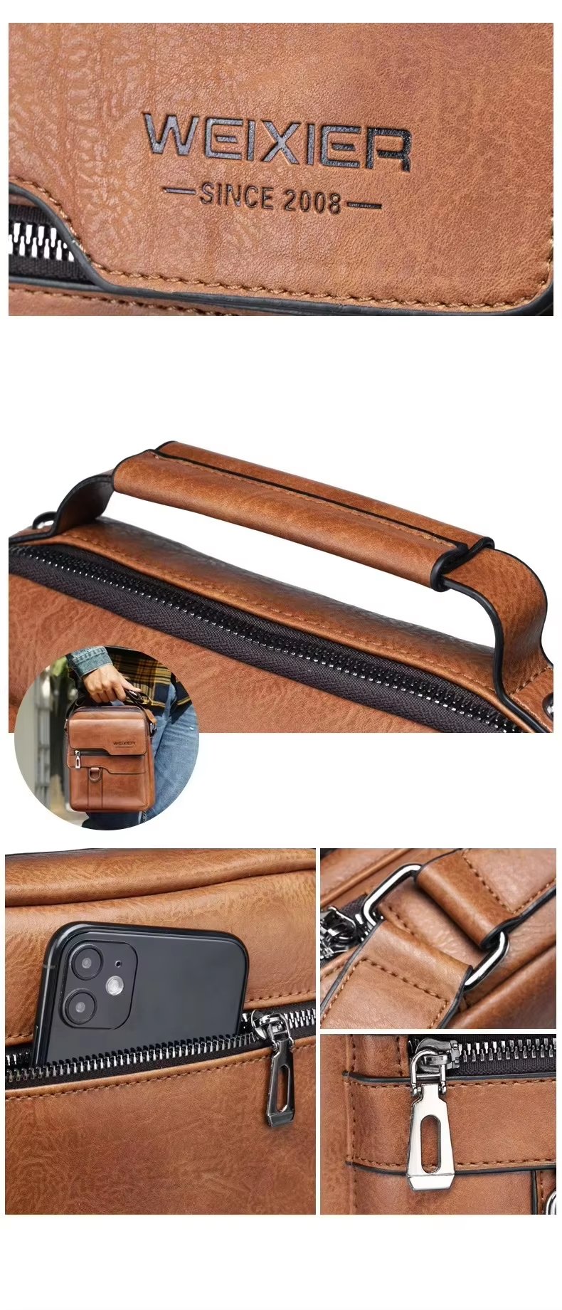 Crossbody Bag Retro Leather Vertical Portable Business Waterproof Zipper Messenger Shoulder For Men - product detail
