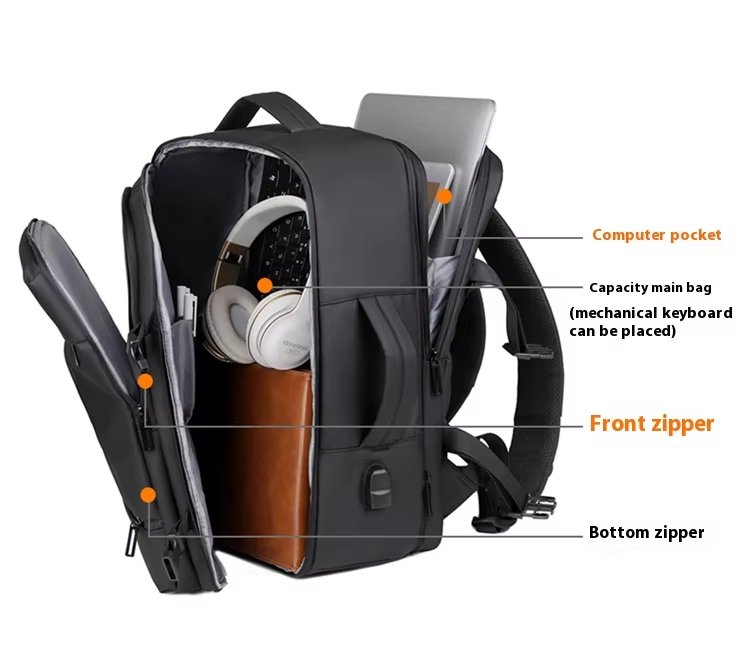 Water-Resistant Large Capacity Expandable USB Business PU Leather Laptop Backpack product detail