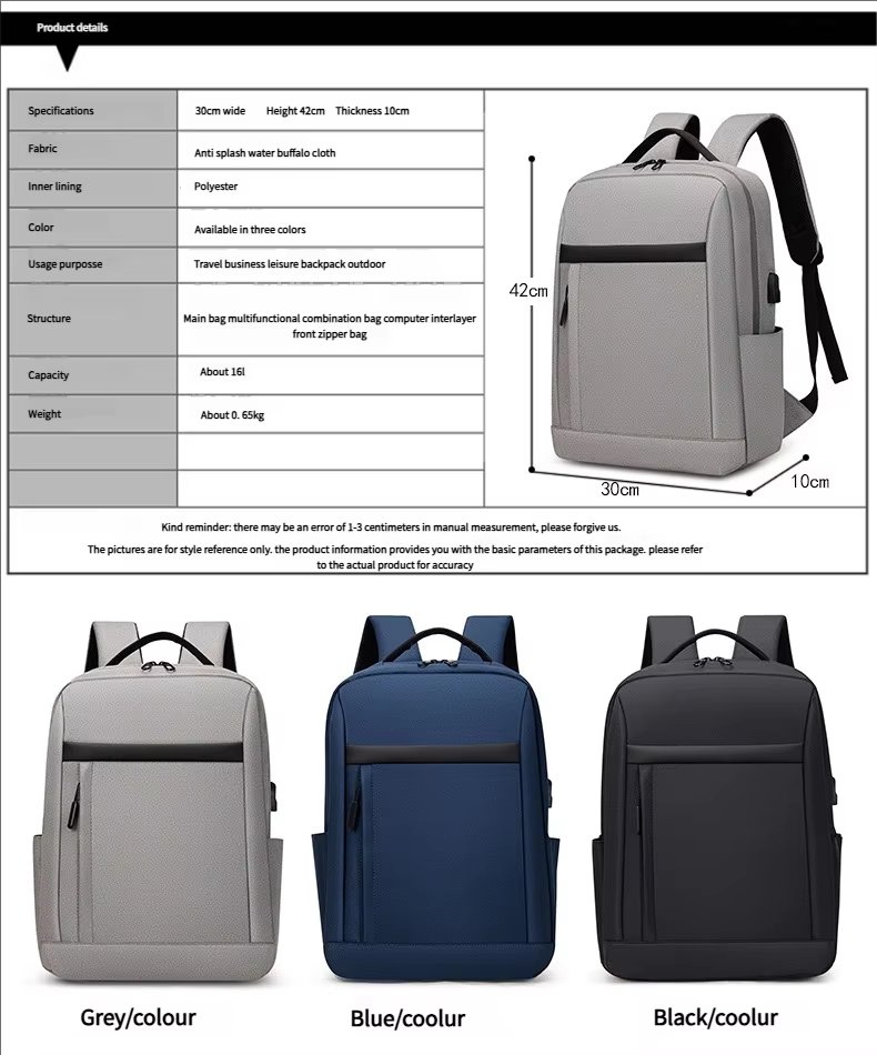 Water-Resistant Large Capacity USB Business Travel Oxford Laptop Backpack product detail