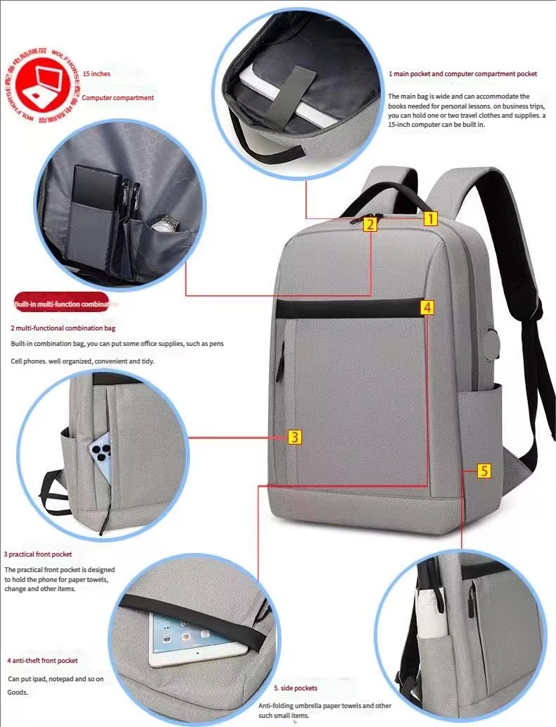 Water-Resistant Large Capacity USB Business Travel Oxford Laptop Backpack product detail