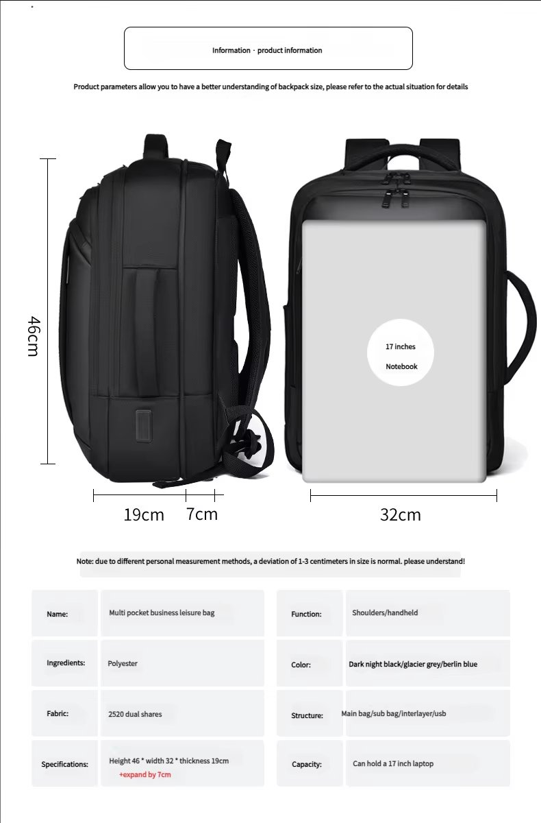 Water-Resistant Large Capacity USB Business Travel Oxford Laptop Backpack product detail