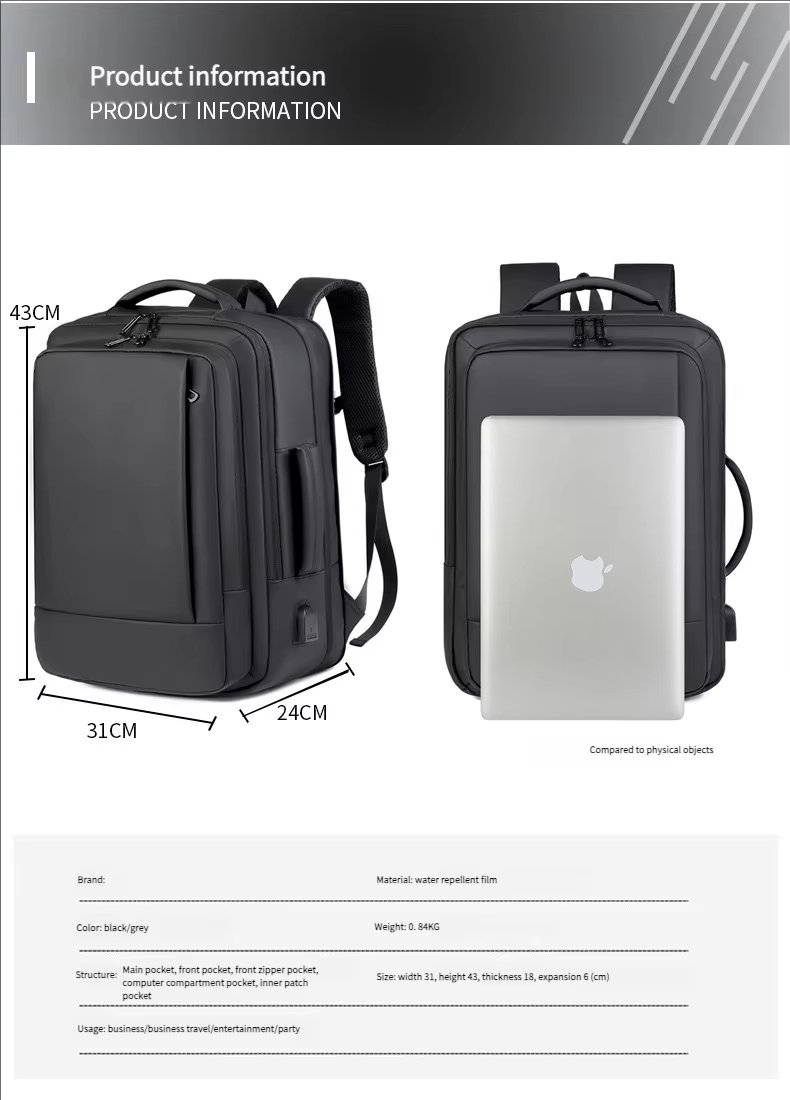 Water-Resistant Large Capacity Expandable USB Business Oxford Laptop Backpack product detail