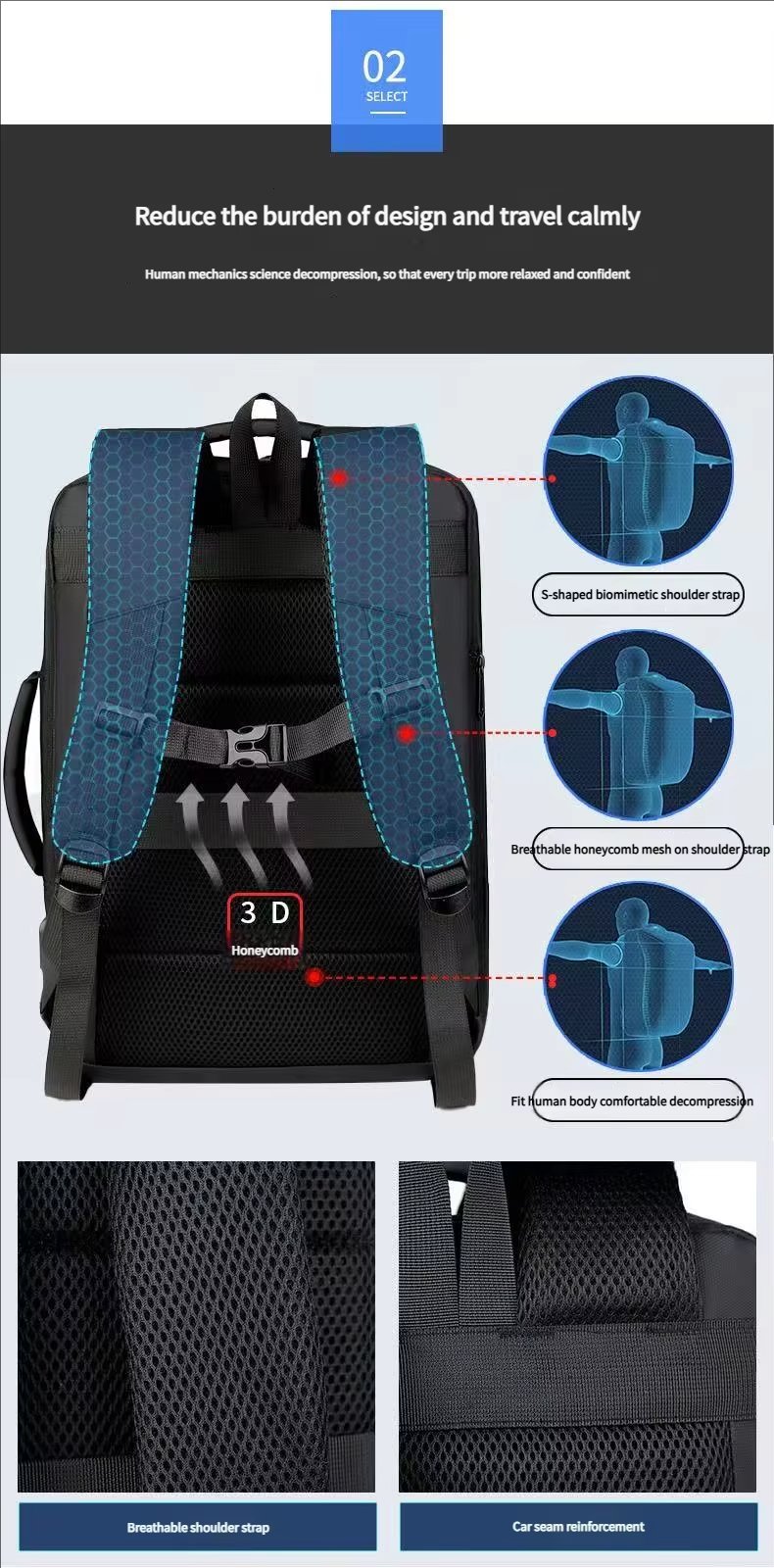 Water-Resistant Large Capacity Expandable USB Business Oxford Laptop Backpack product detail