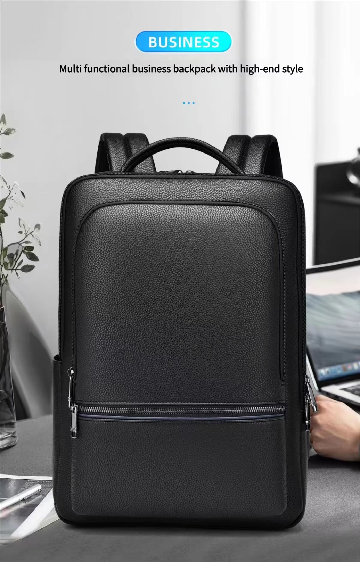 Water-Resistant Business Travel School PU Leather Laptop Backpack product detail