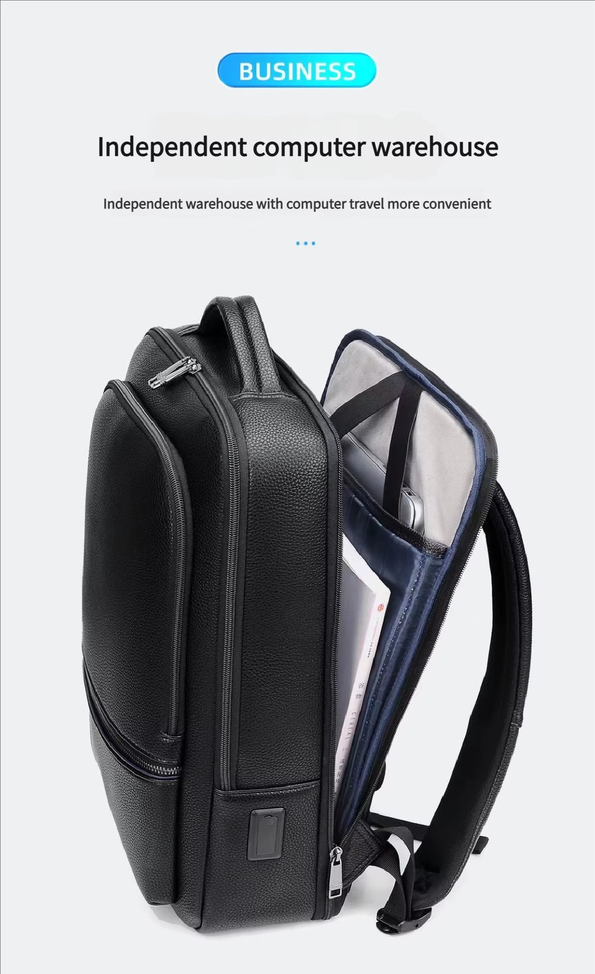 Water-Resistant Business Travel School PU Leather Laptop Backpack product detail