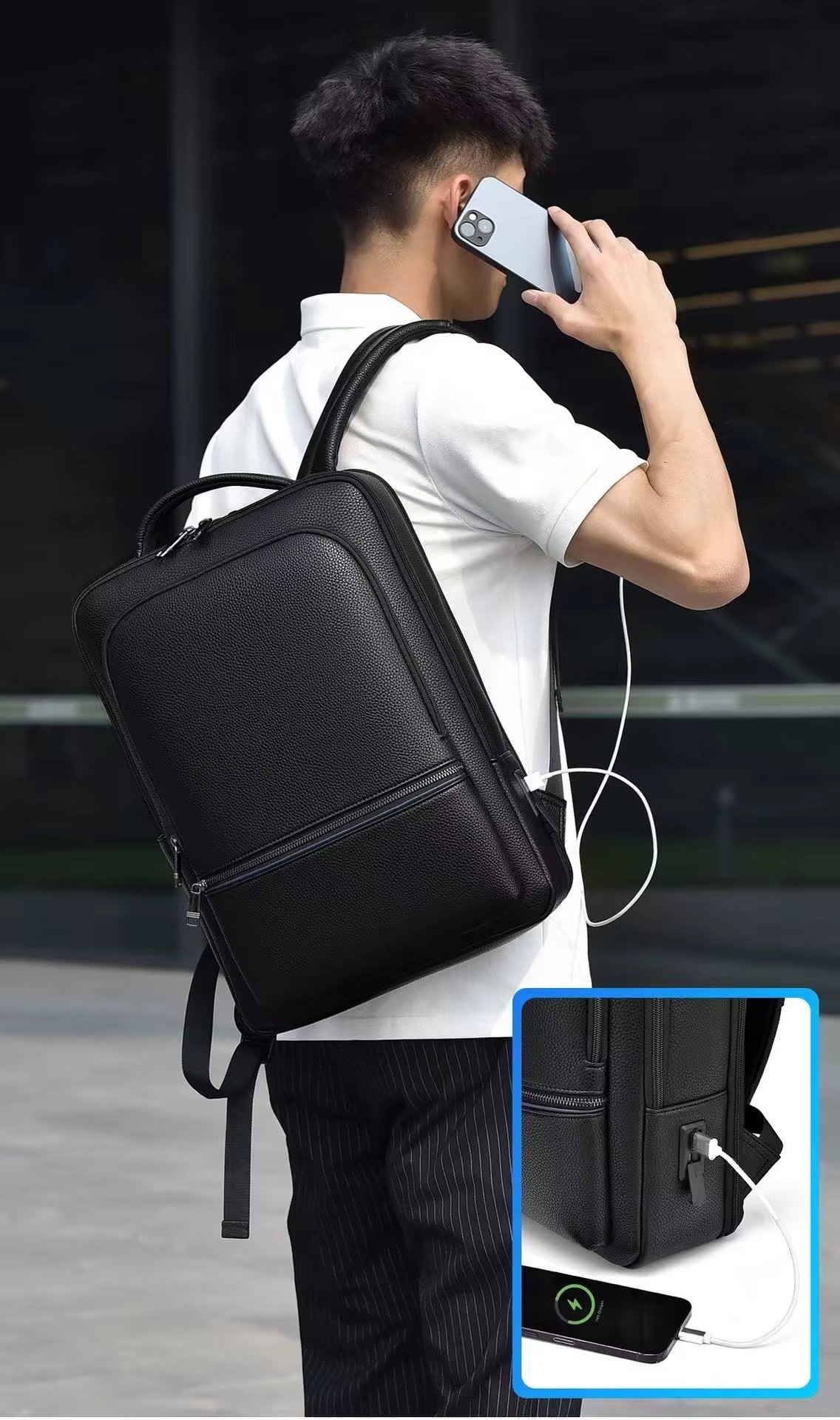Water-Resistant Business Travel School PU Leather Laptop Backpack product detail