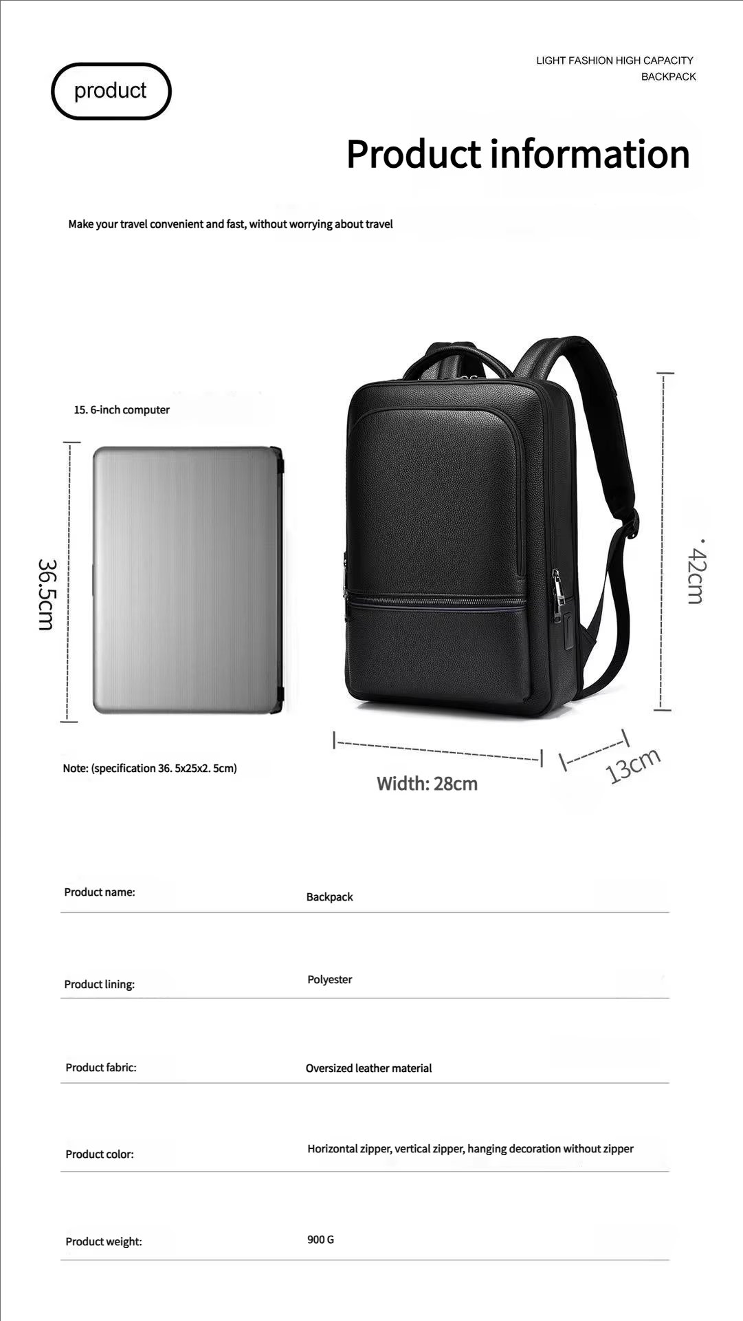 Water-Resistant Business Travel School PU Leather Laptop Backpack product detail