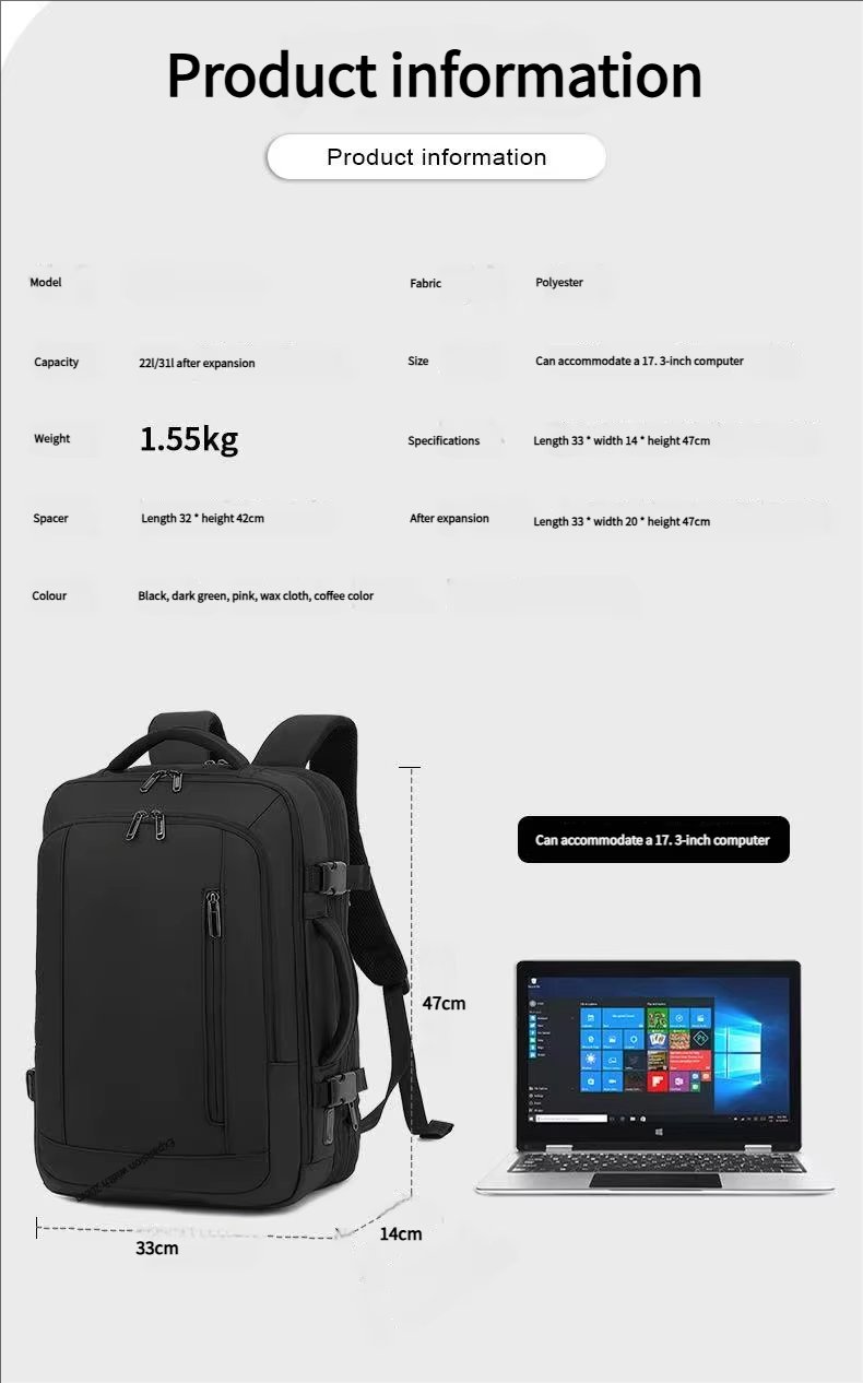 Water-Resistant Large Capacity Expandable USB Business Polyester Laptop Backpack product detail