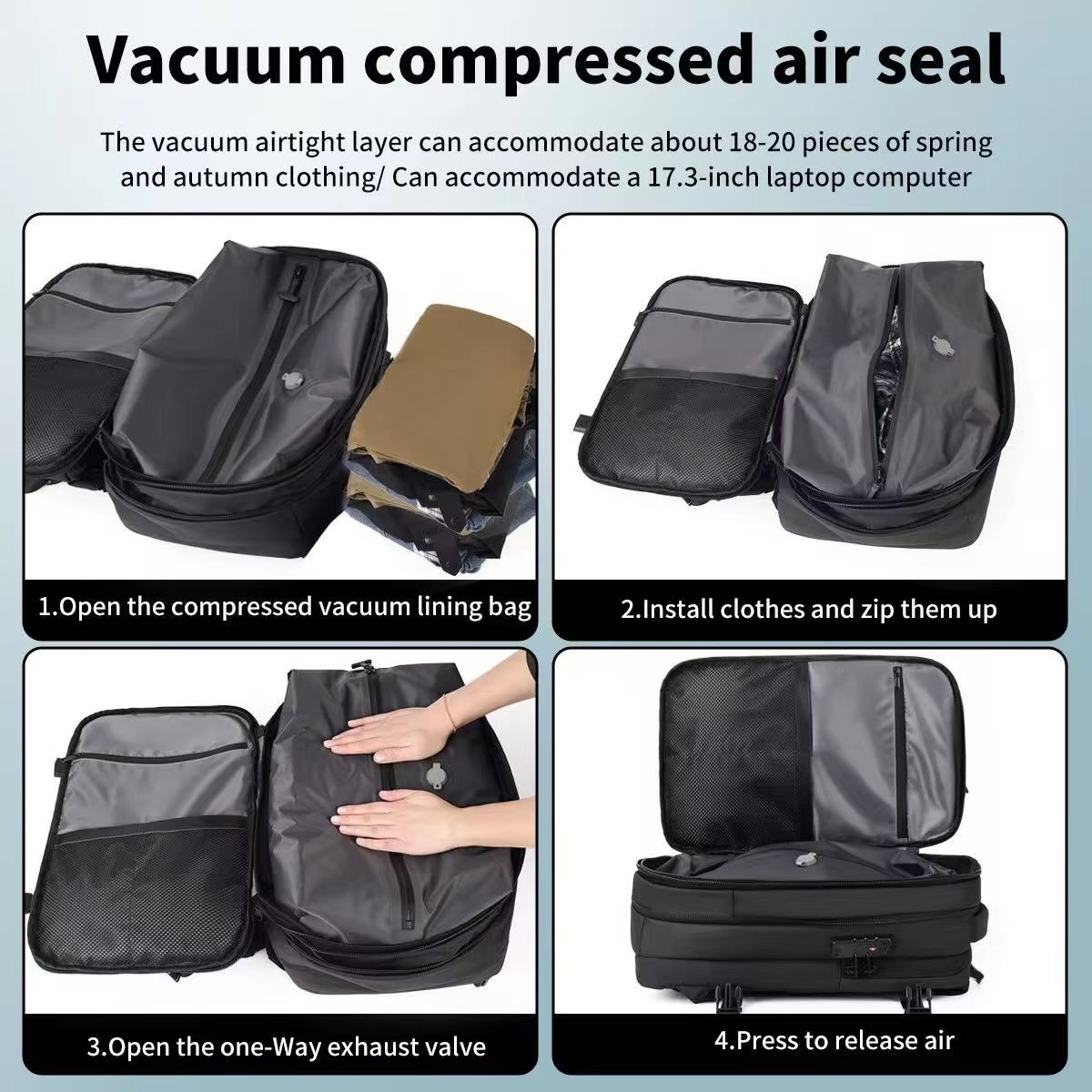 Large Capacity Expandable USB Business Travel Oxford Vacuum Backpack product detail