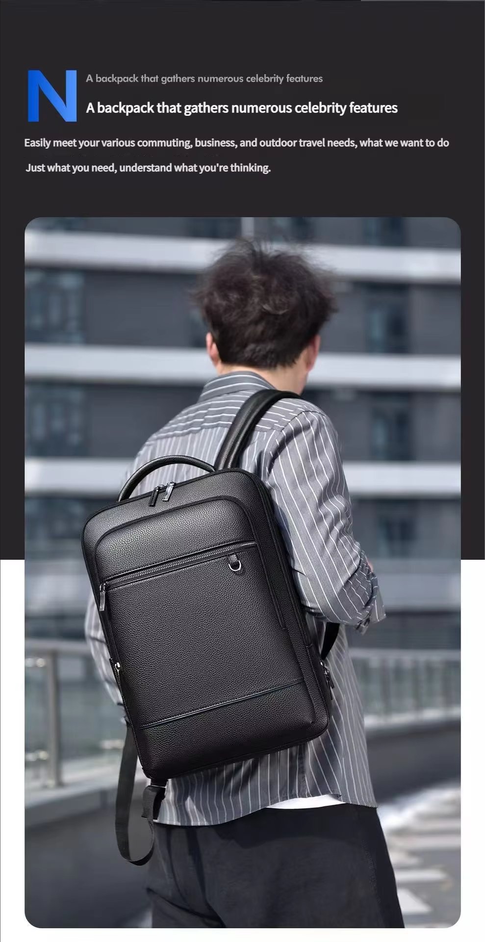 Water-Resistant USB Business School PU Leather Laptop Backpack product detail