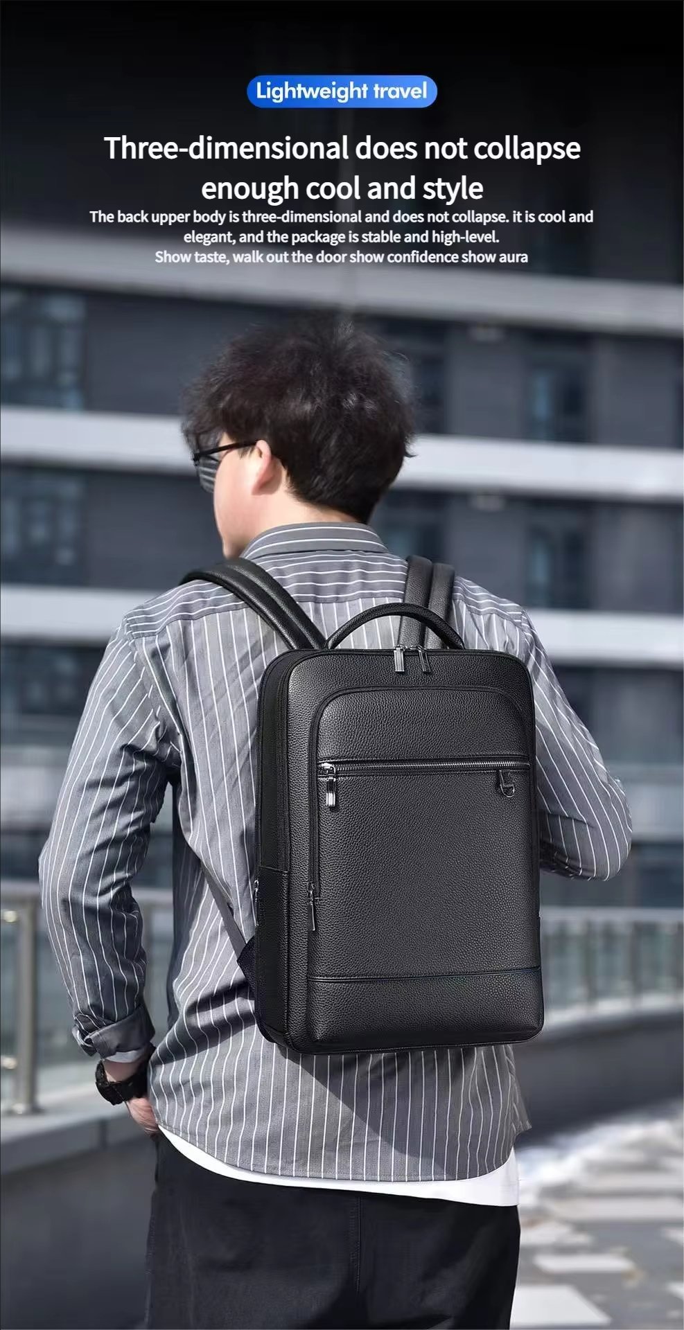 Water-Resistant USB Business School PU Leather Laptop Backpack product detail