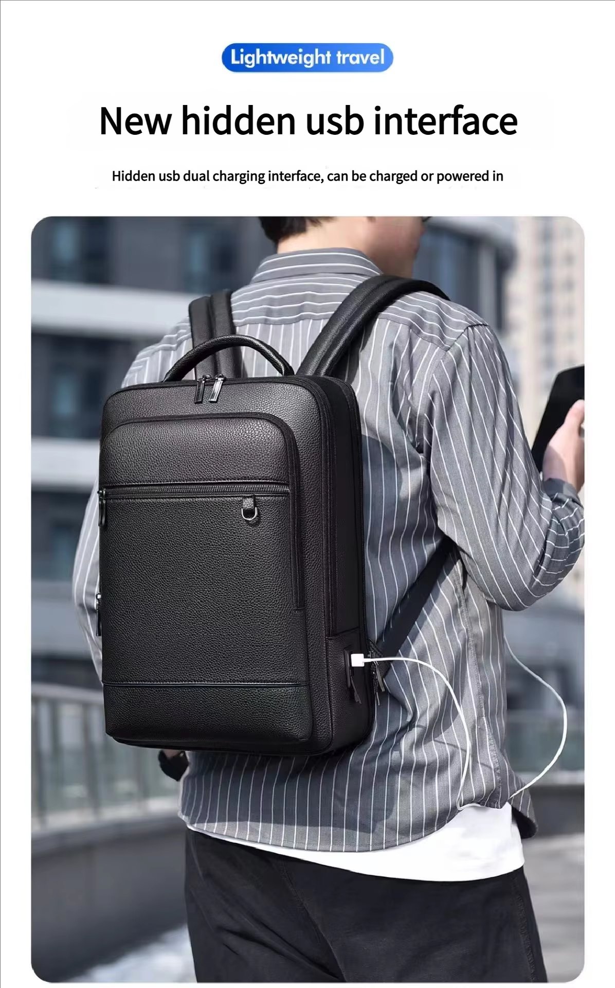 Water-Resistant USB Business School PU Leather Laptop Backpack product detail