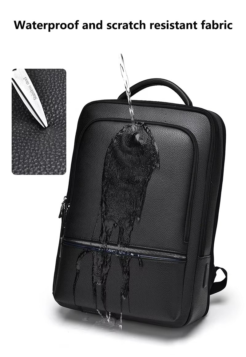 Water-Resistant USB Business School PU Leather Laptop Backpack product detail