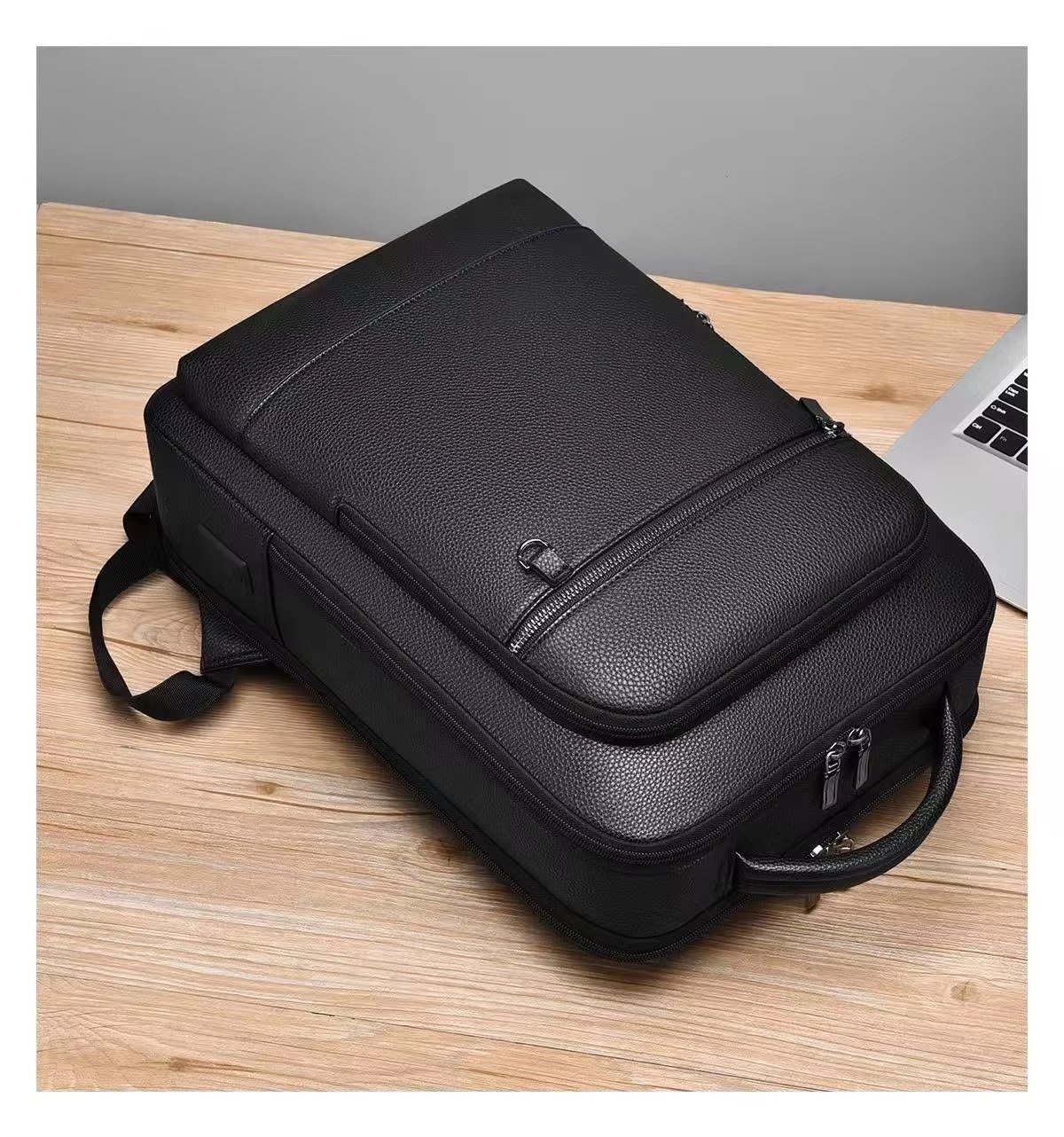 Water-Resistant USB Business School PU Leather Laptop Backpack product detail