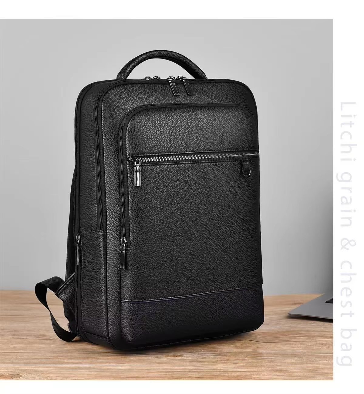 Water-Resistant USB Business School PU Leather Laptop Backpack product detail