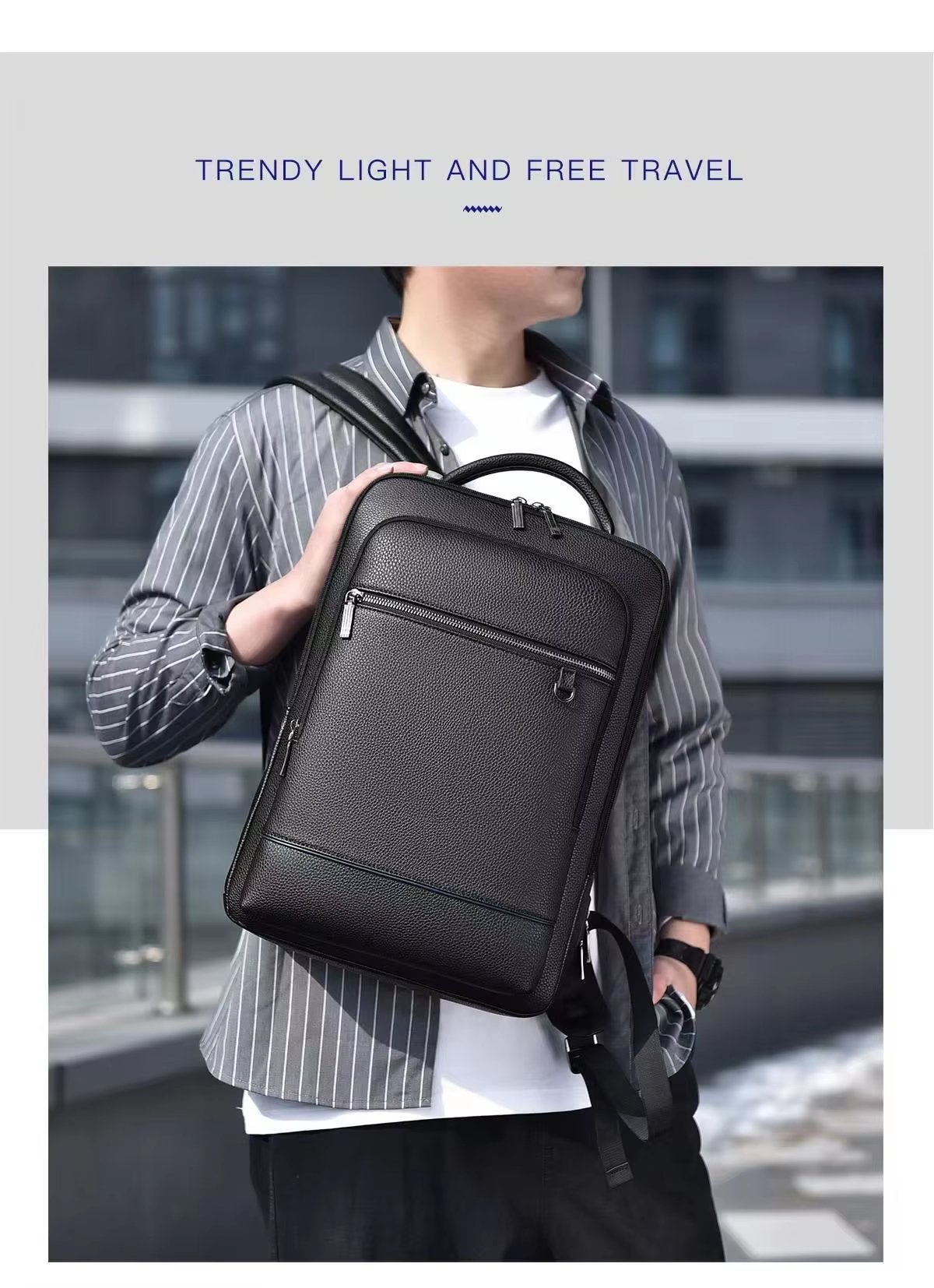 Water-Resistant USB Business School PU Leather Laptop Backpack product detail
