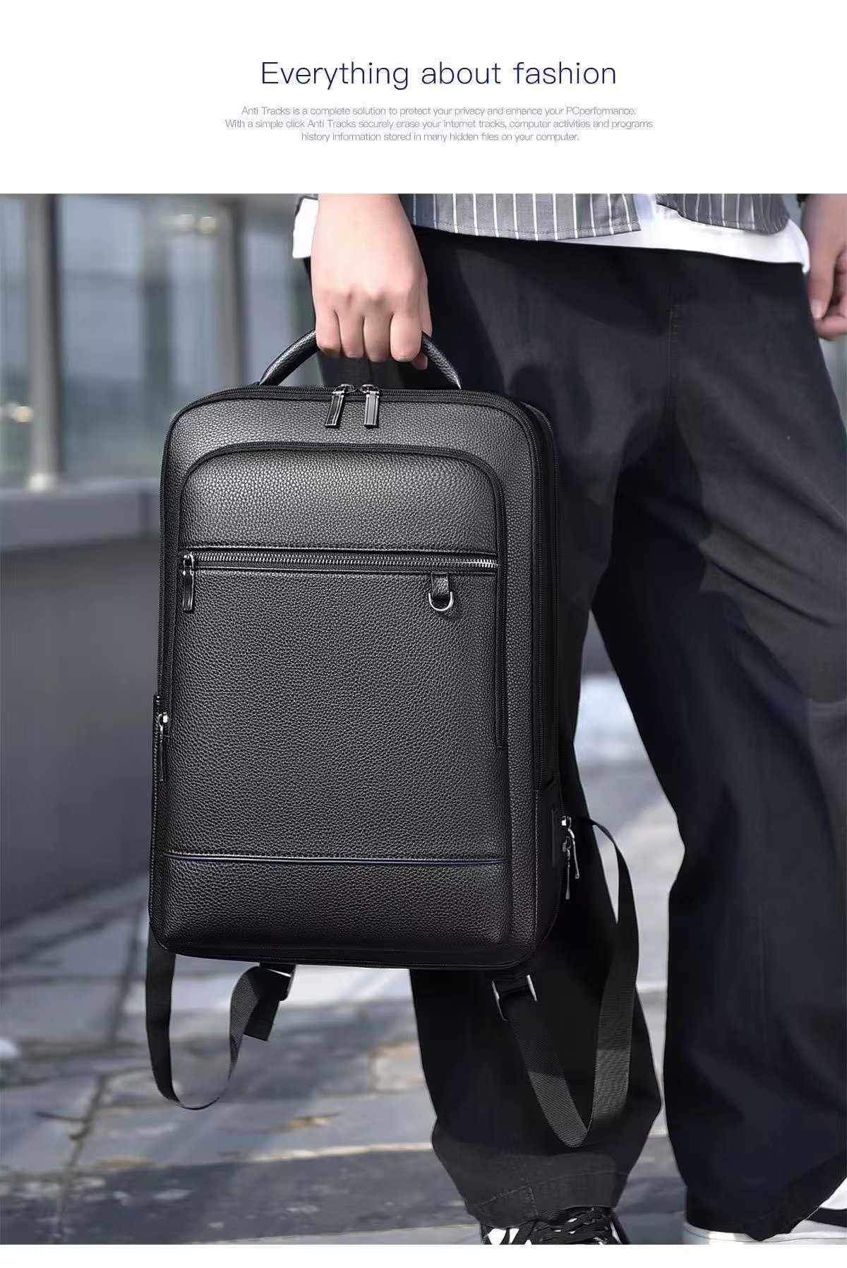 Water-Resistant USB Business School PU Leather Laptop Backpack product detail