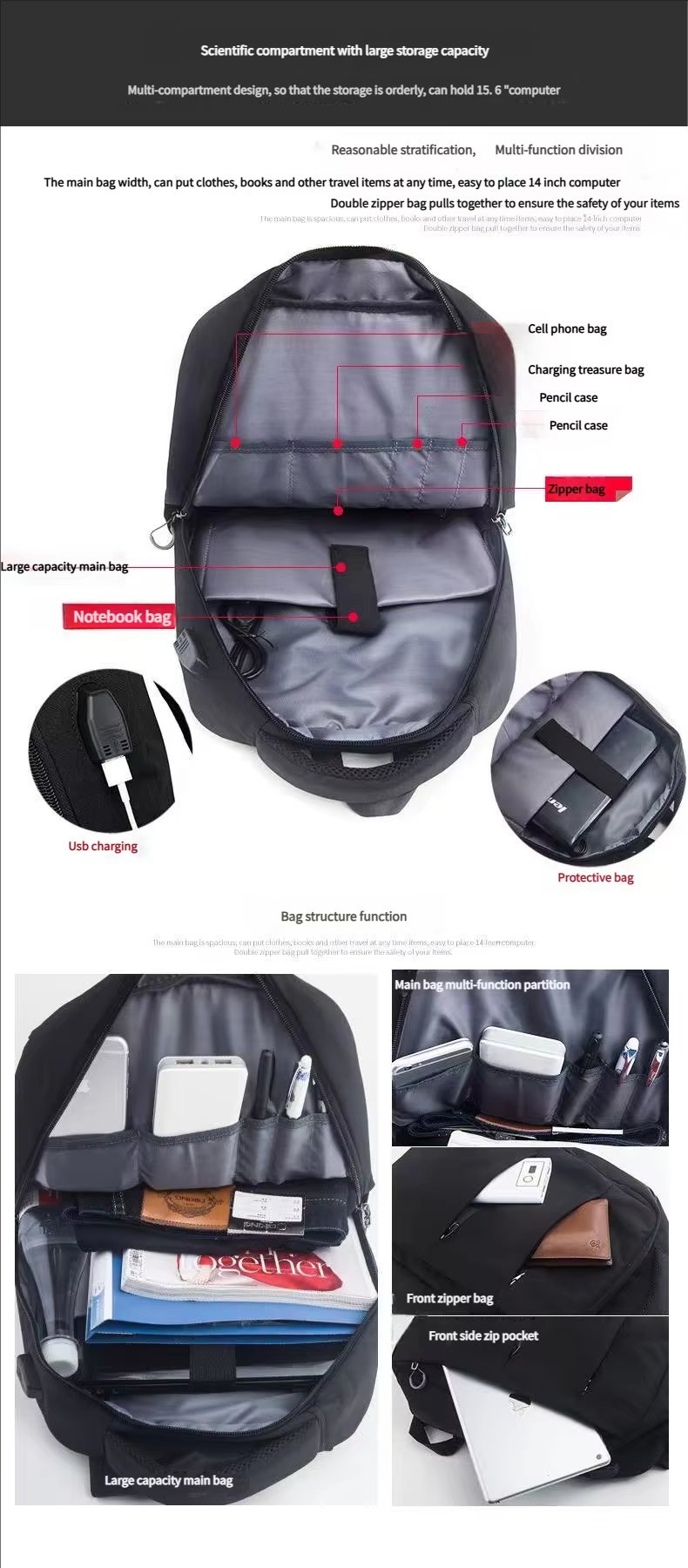 Large Capacity USB Business Travel School Nylon Laptop Backpack product detail