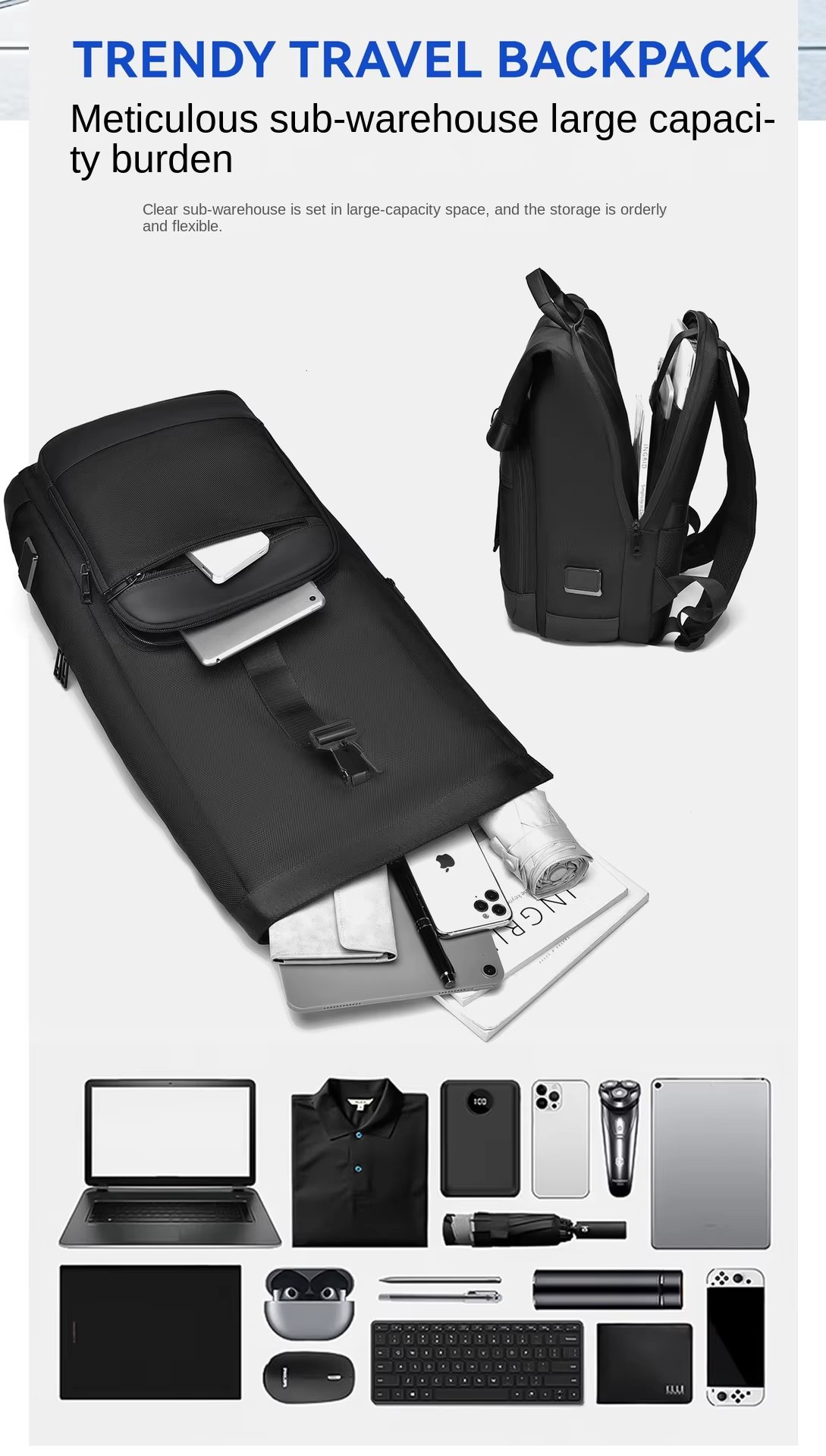 Water-Resistant Outdoor Business Travel School Nylon Roll Top Backpack product detail