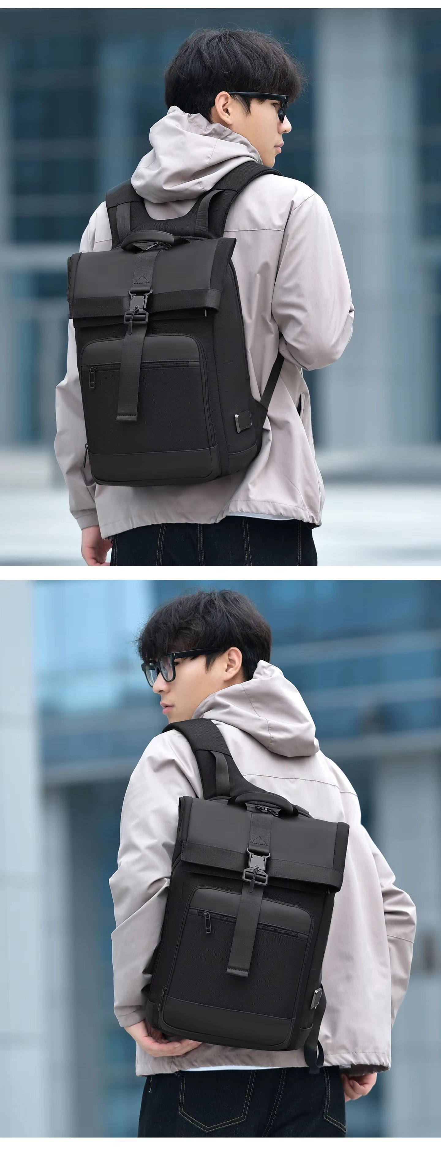 Water-Resistant Outdoor Business Travel School Nylon Roll Top Backpack product detail