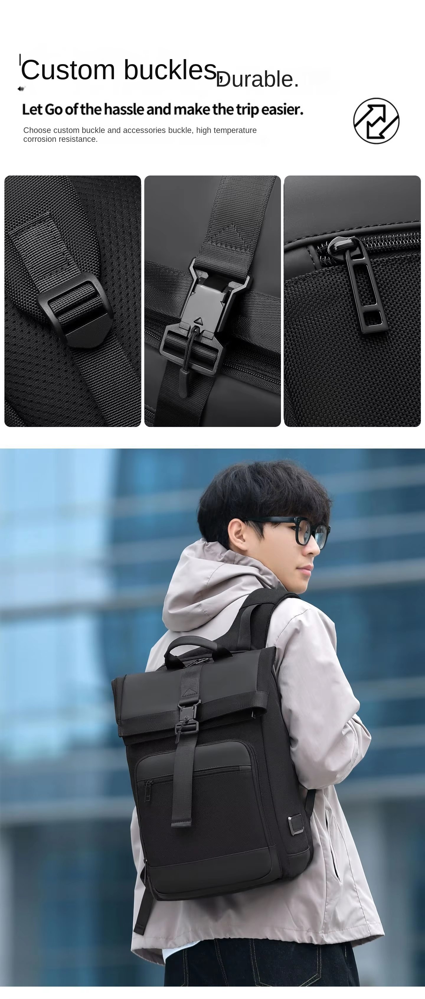 Water-Resistant Outdoor Business Travel School Nylon Roll Top Backpack product detail