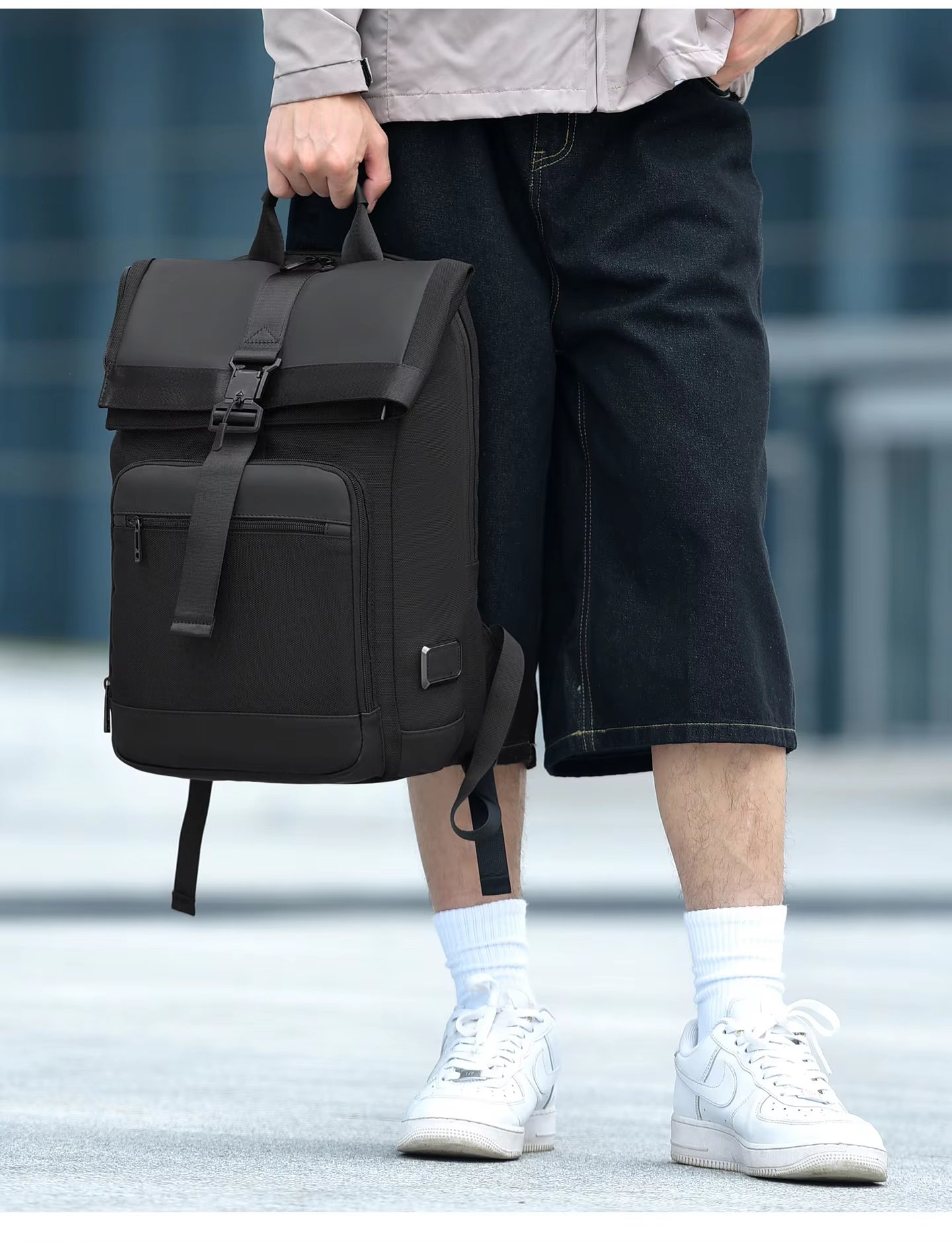 Water-Resistant Outdoor Business Travel School Nylon Roll Top Backpack product detail