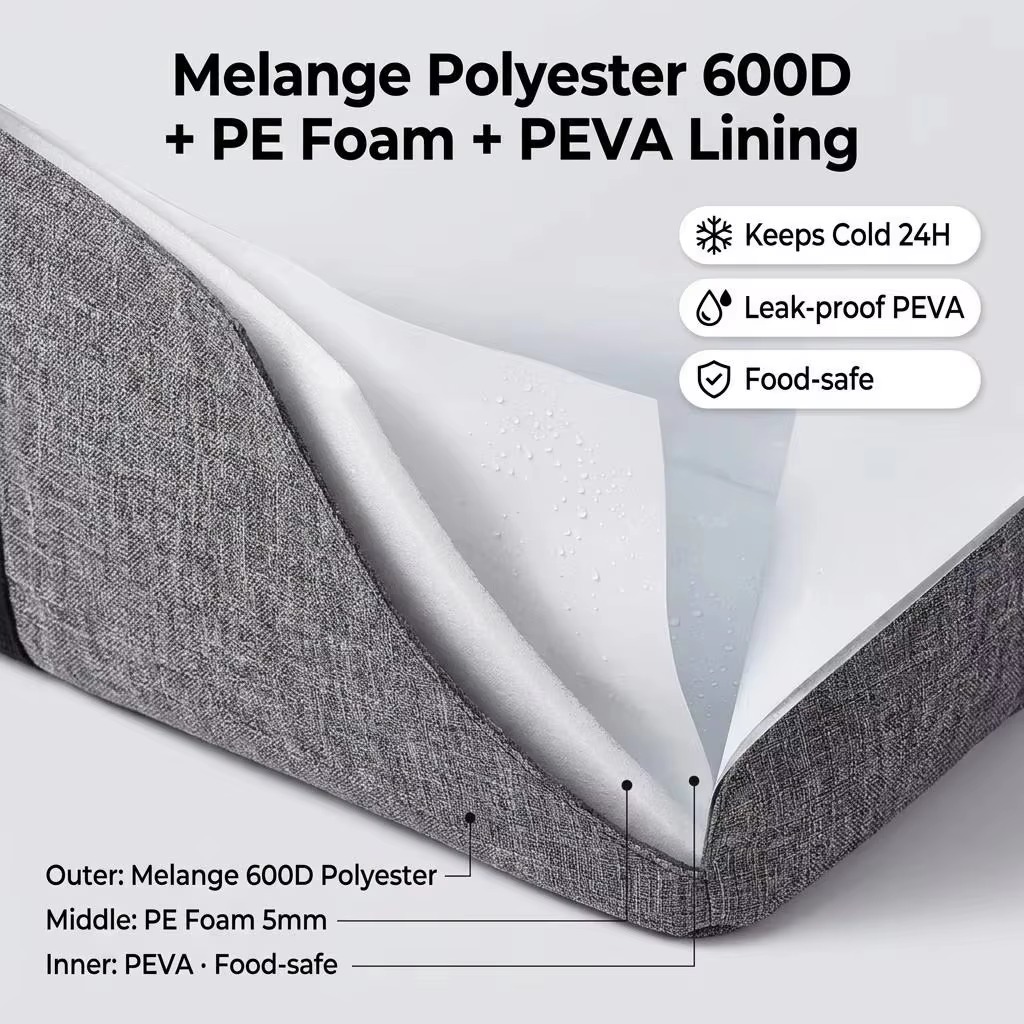 melange polyester 600D plus PE foam plus PEVA lining material layers
