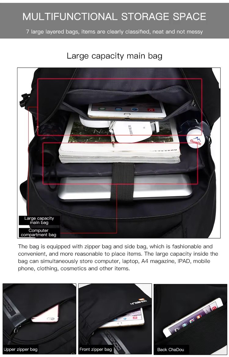 Custom Logo Anti-Theft Waterproof Nylon Laptop Backpack College Schoolbag Multifunctional Outdoor Sports Leisure Travel Rucksack detail image