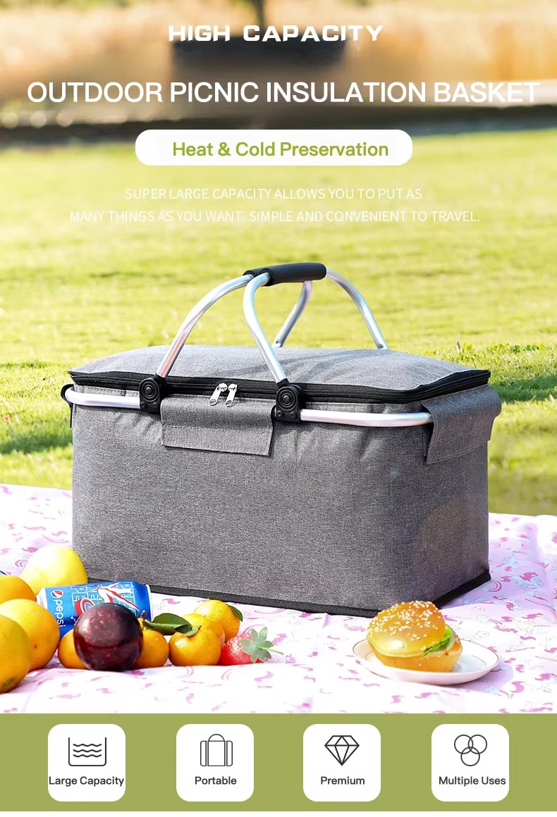 gray foldable picnic insulation basket outdoors with fruit and food