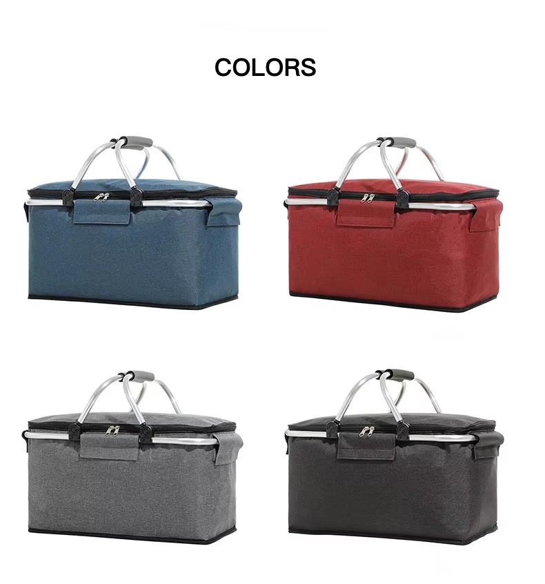 four solid color basket variants -- blue, red, gray, and black -- in a grid