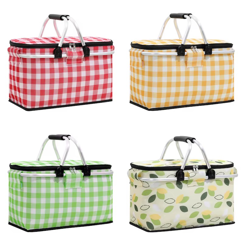 four gingham and leaf pattern basket variants in a grid