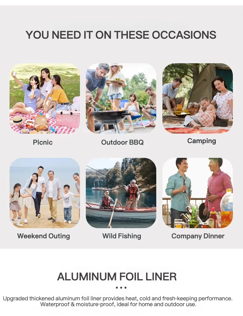collage of picnic, bbq, camping, fishing, and outdoor use occasions