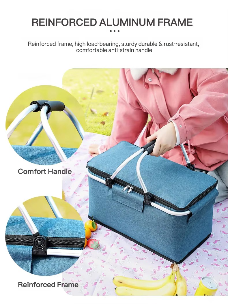 reinforced aluminum frame and comfort handle close-ups on a blue basket