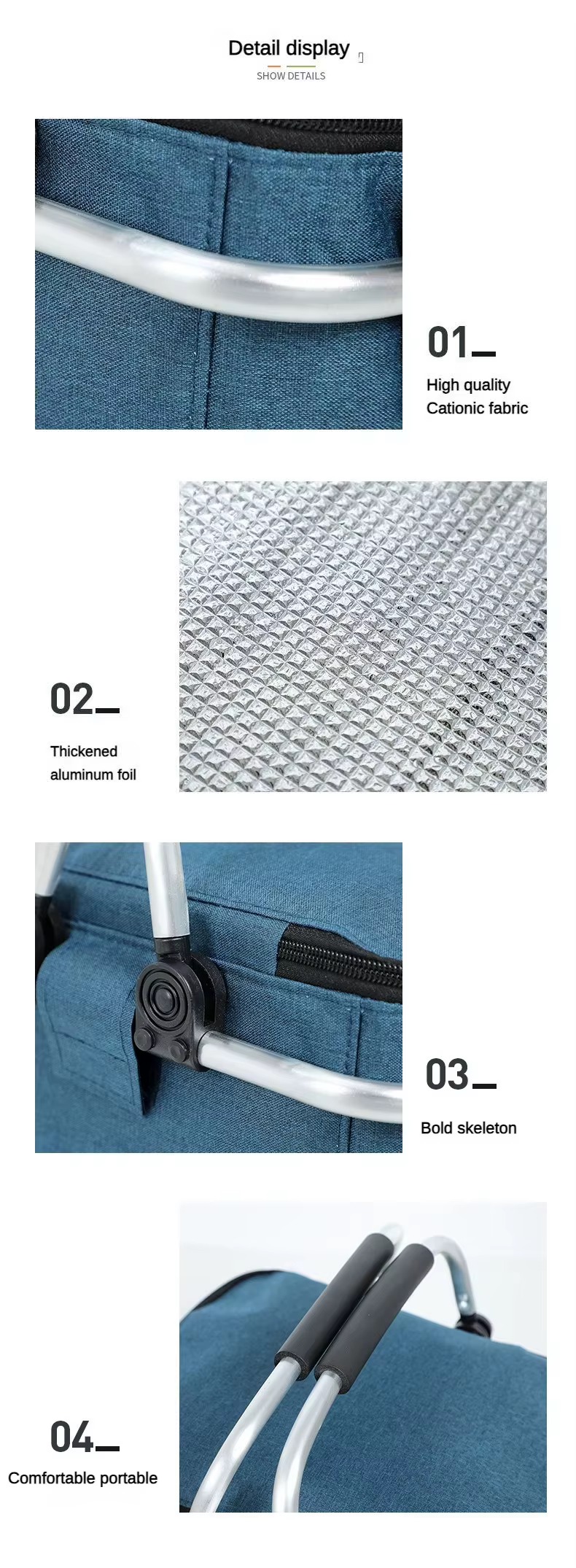 close-up detail shots of cationic fabric, foil liner, frame joint, and handle