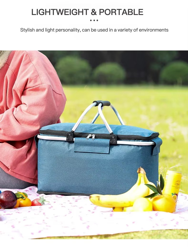 lightweight portable basket held outdoors on a picnic blanket
