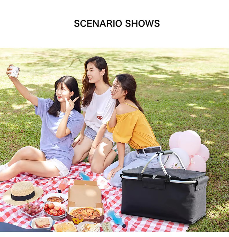basket set out at an outdoor group picnic scene