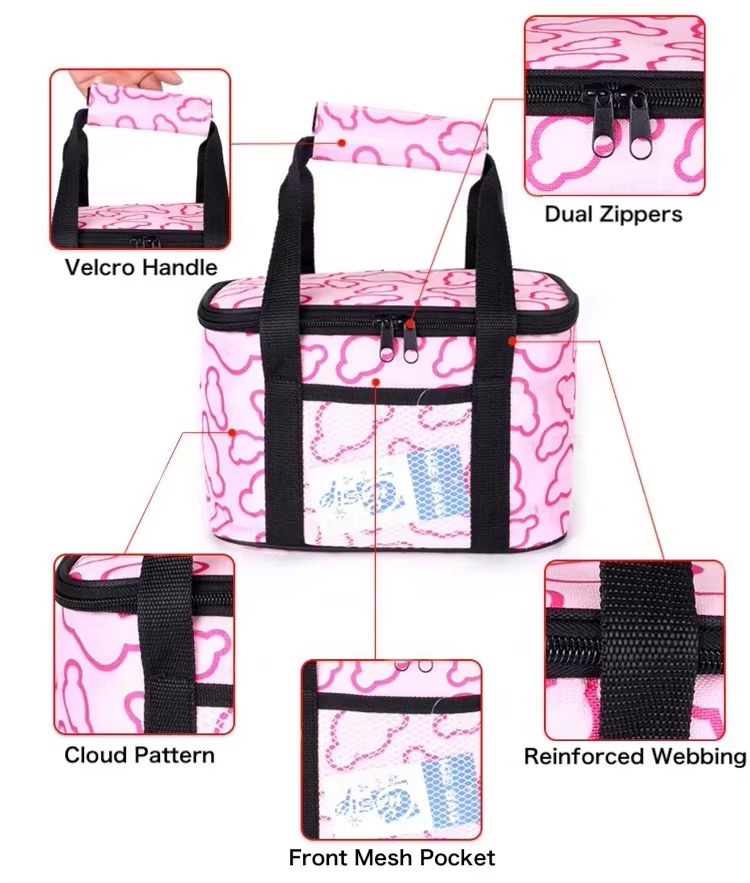 Velcro handle, dual zippers, cloud pattern, webbing and mesh pocket
