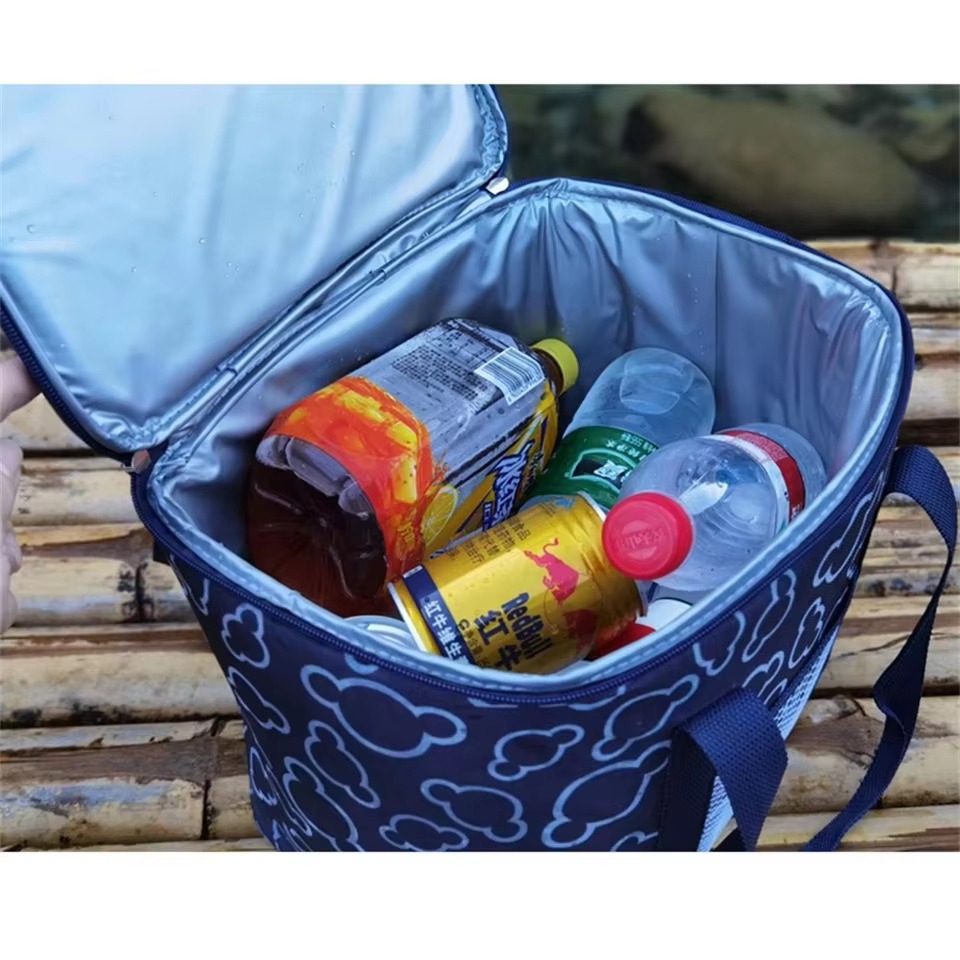 open cooler bag holding bottled drinks
