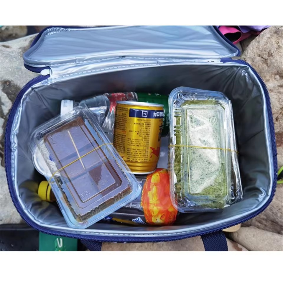 open cooler bag with food boxes and drinks