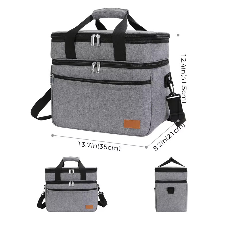 dual compartment cooler bag with front zip pocket and shoulder strap