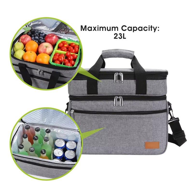 23L max capacity with fruit in top compartment and canned drinks in bottom compartment