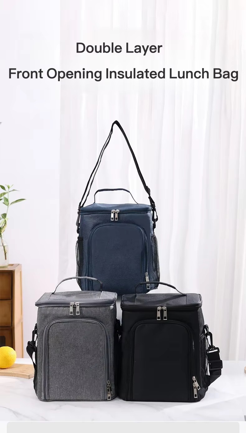 double layer front opening insulated lunch bag shown in navy blue gray and black
